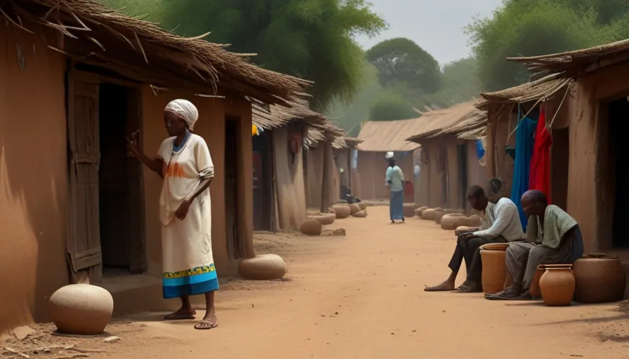 a group of people standing around a dirt road