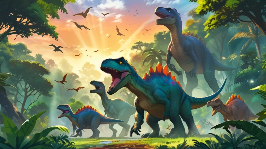 a group of 5 dinosaurs walking through a jungle