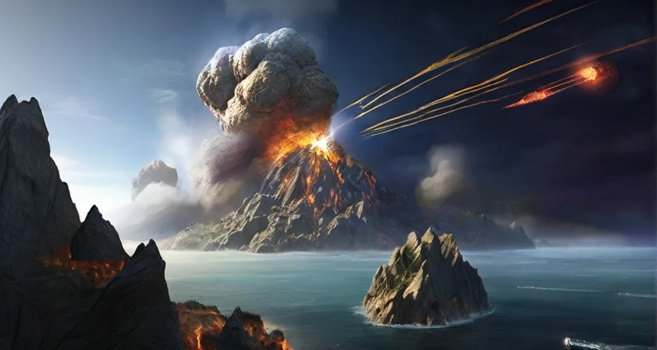 an artist's rendering of a volcano on a rocky island