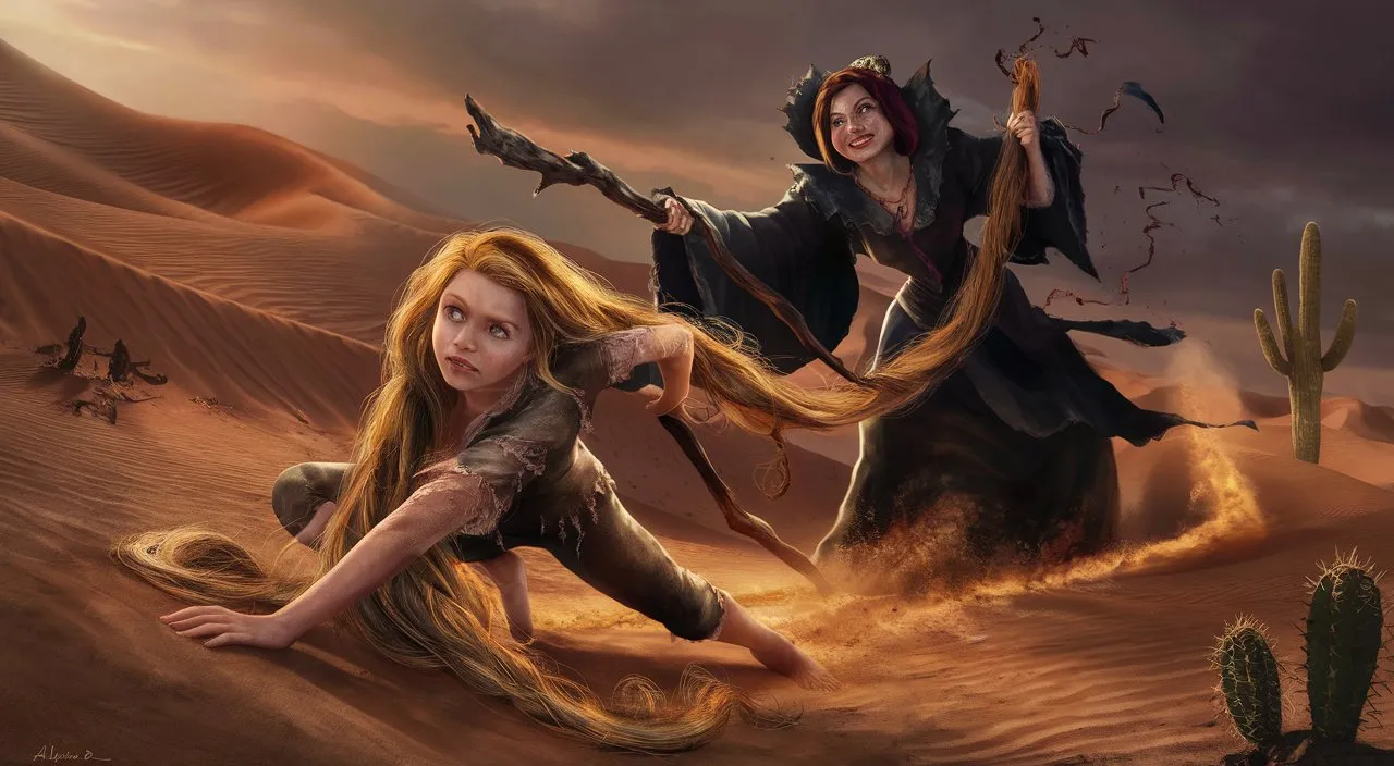 a painting of two women in the desert