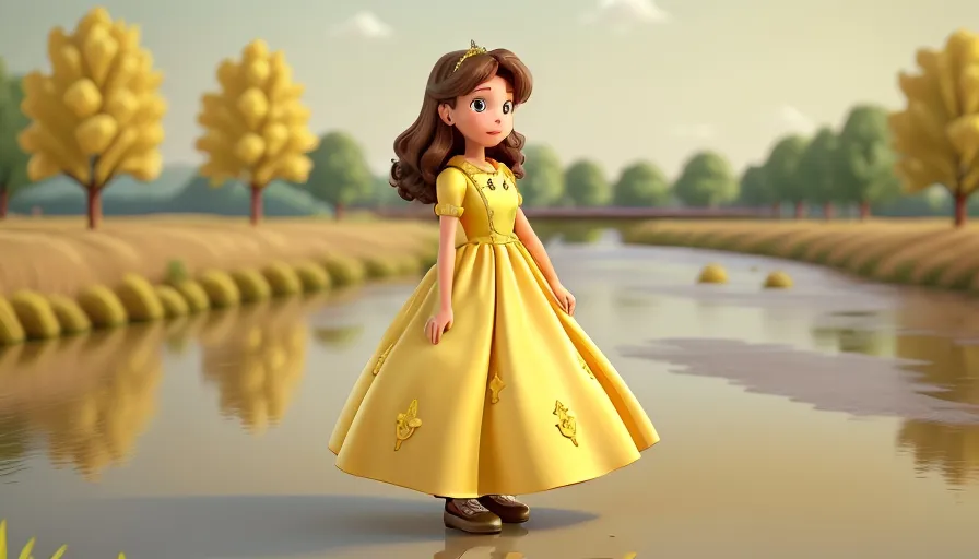 a cartoon of a girl in a yellow dress, walking