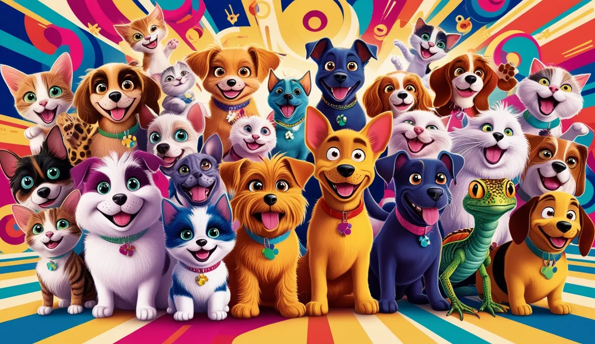 a group of dogs and cats standing in front of a colorful background