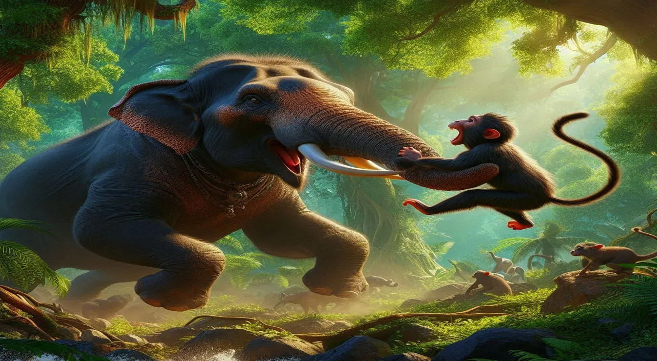  In the dense jungle, one big black evil and cruel elephant is beating one monkey 