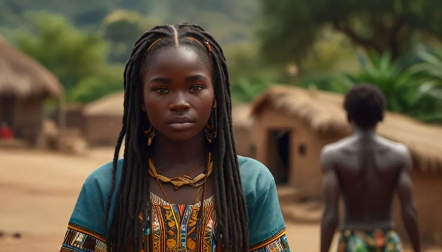 a woman with dreadlocks standing in front of a hut