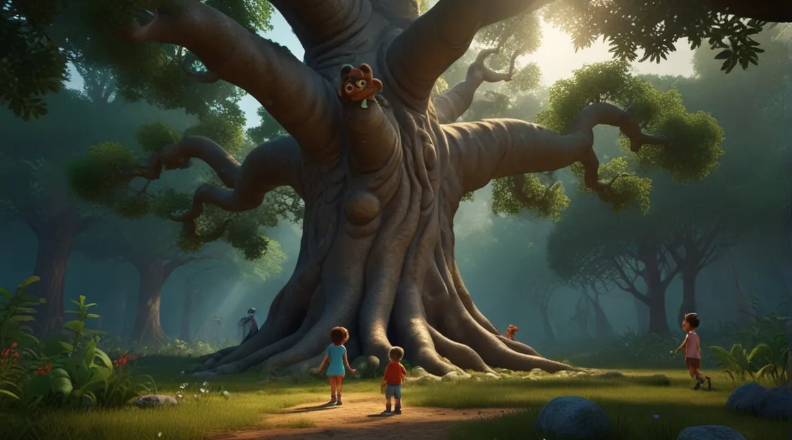 a group of children standing in front of a large tree