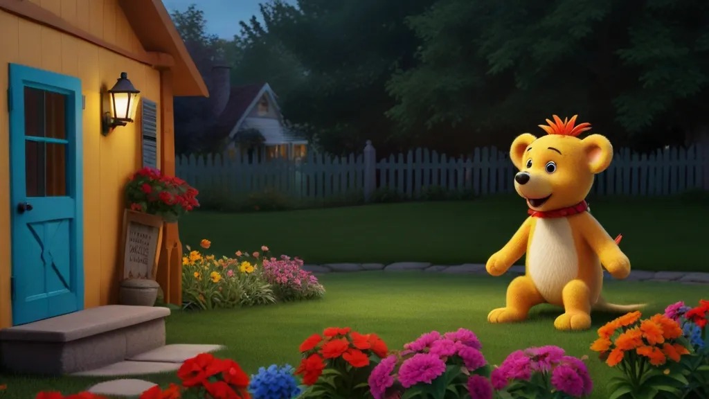 a yellow teddy bear standing in front of a house