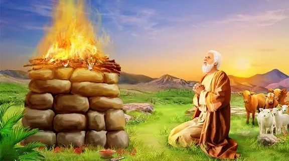 a painting of a man standing in front of a fire