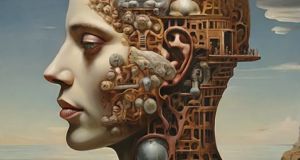 a painting of a woman's head with many objects in it