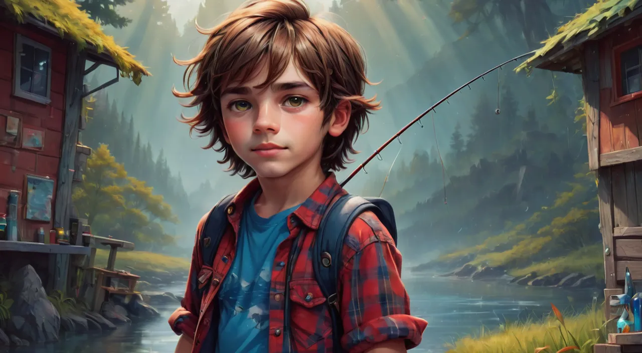 a painting of a boy holding a fishing rod