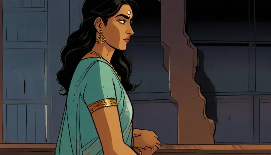 a cartoon of a woman in a blue sari