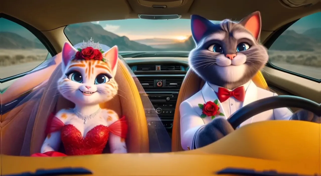 a couple of cats sitting inside of a car