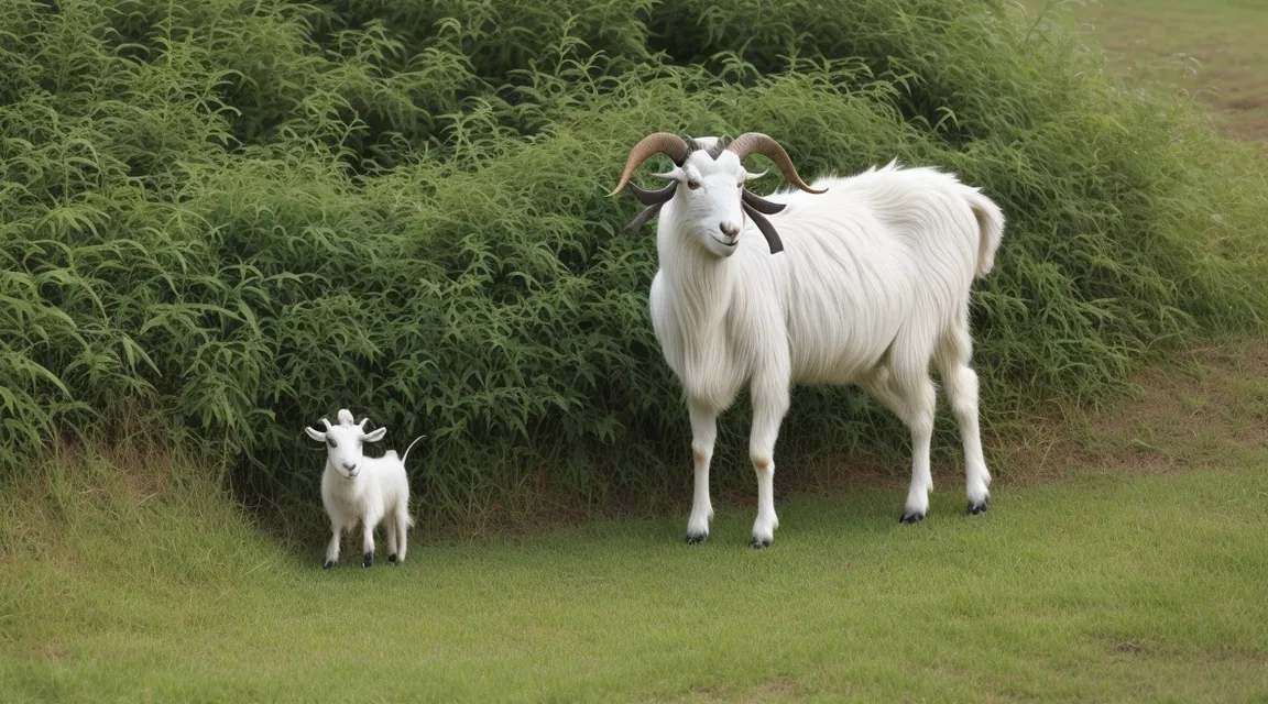 a goat and a baby goat walking in the grass and eating the grass. Sunny day, beautiful nature.