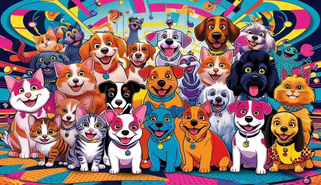 a group of dogs and cats standing in front of a colorful background