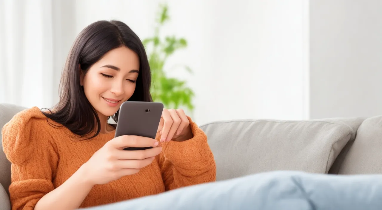 a woman sitting on a couch looking at a cell phone