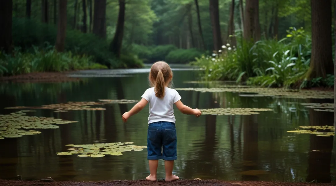 a little girl standing in front of a body of water