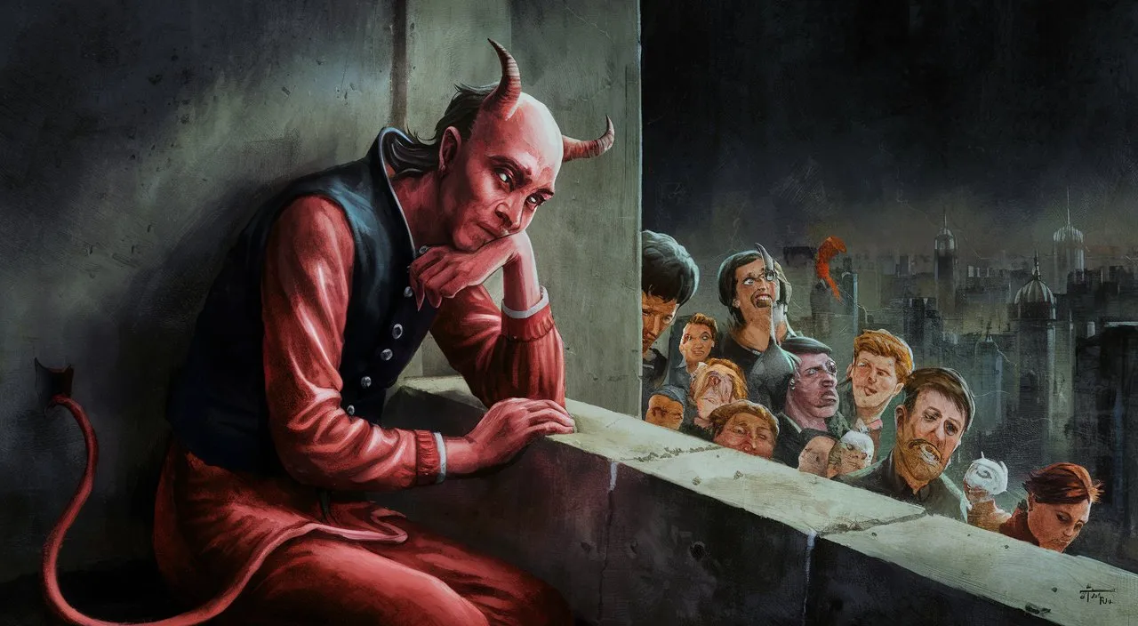 a painting of a man looking at a group of people