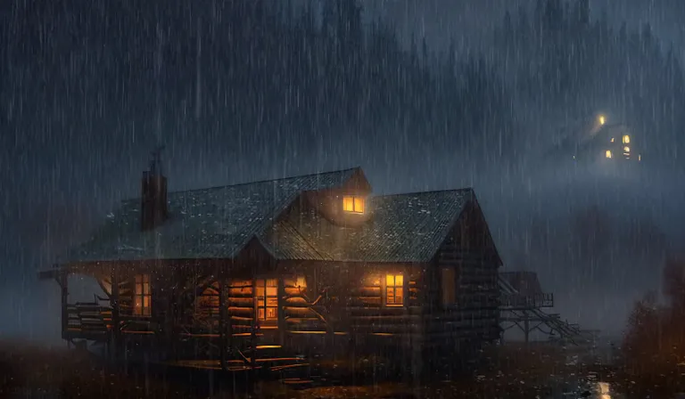 a cabin is lit up in the rain