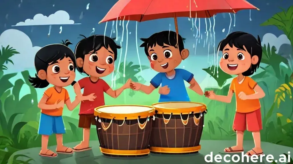 a group of children standing under an umbrella