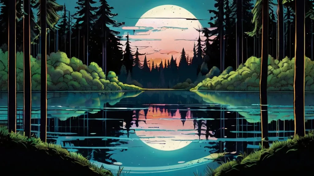 a painting of a lake with a full moon in the background