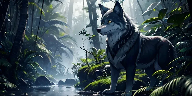 a wolf walking with her cubs in the middle of a forest, Anime