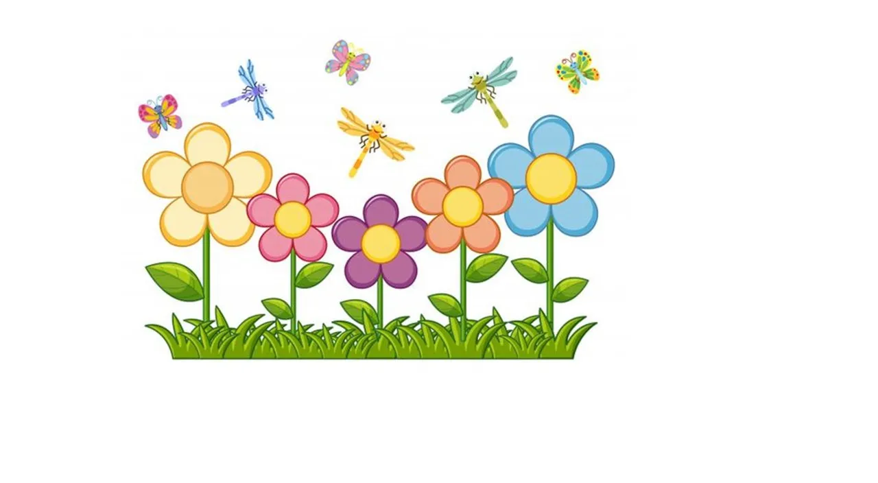 a group of flowers and dragonflies flying over them