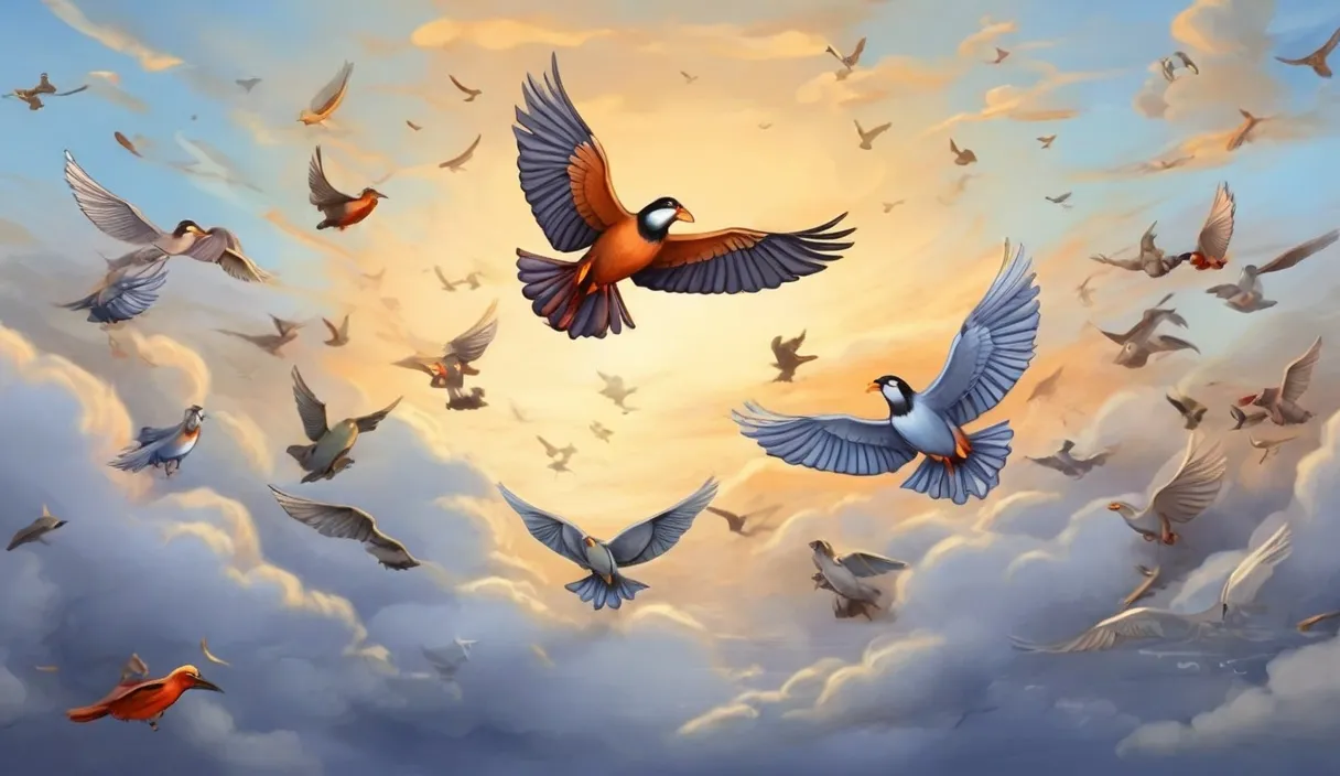 a flock of birds flying through a cloudy sky.CARTOON