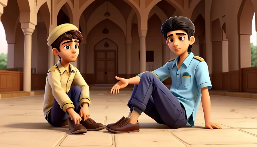 a boy and a boy sitting on the ground in front of a building