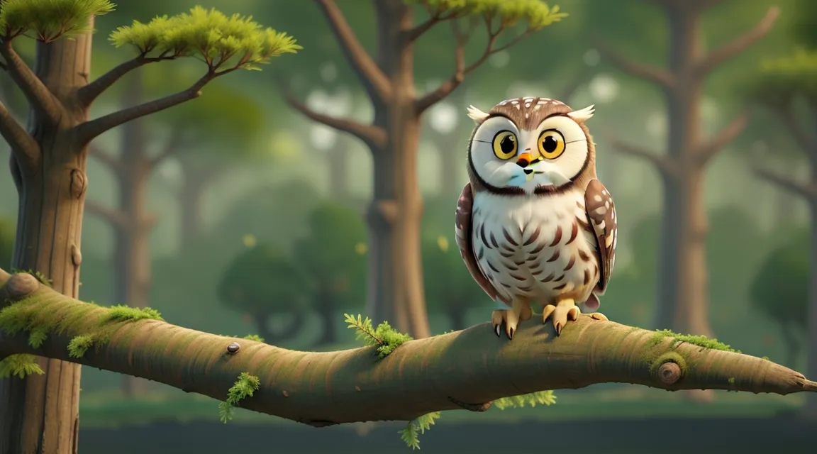 an owl sitting on a tree branch in a forest