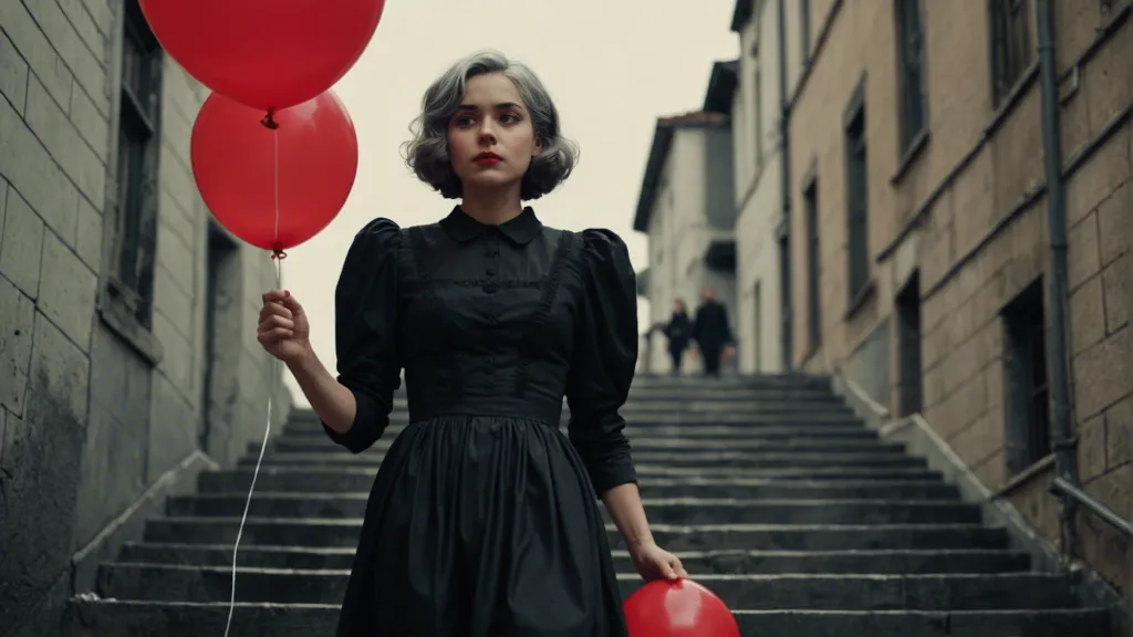 a woman in a black dress walking downstairs holding red balloons