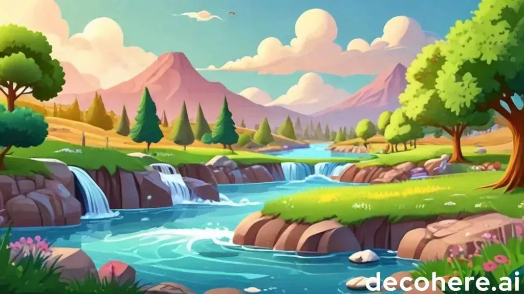 a painting of a river with a waterfall in the middle of it