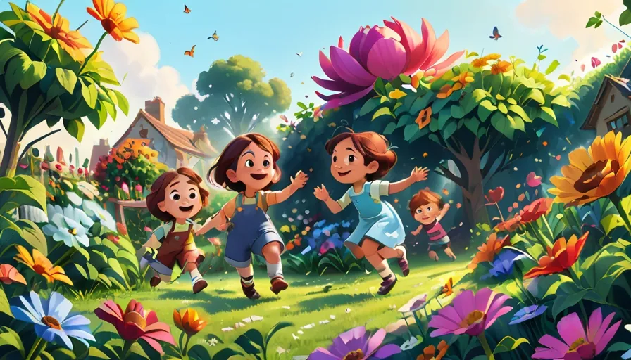 a group of children running through a lush green field