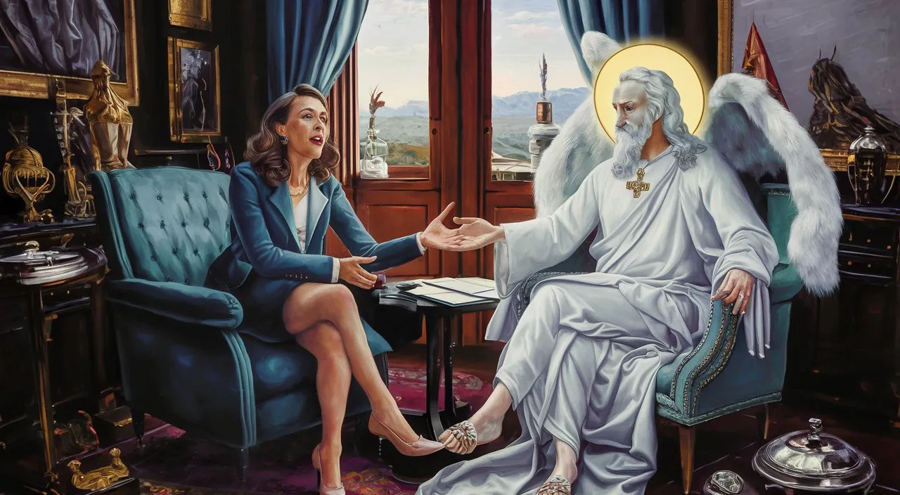 a painting of a woman sitting next to an angel