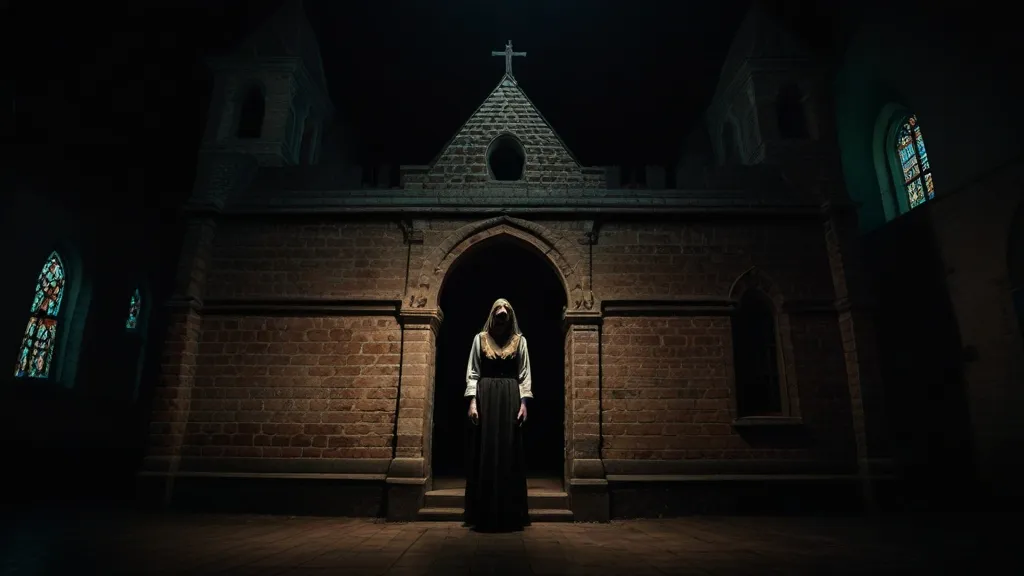 a woman standing in front of a church at night