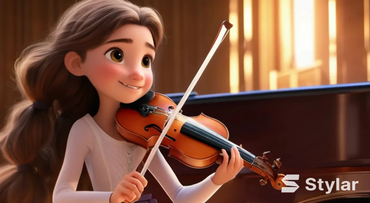 A young and beautiful girl with long hair, smiling, plays the violin on the performance hall stage in the Sydney Opera House, with a grand piano next to the girl