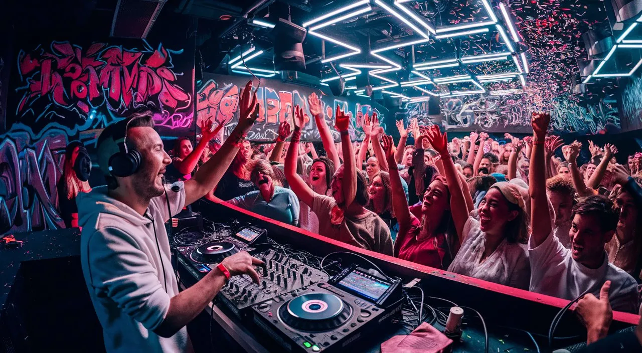 A high-energy nightclub with neon lights flickering in sync with the beat of the music. The camera zooms in on a lively DJ booth where the DJ is hyping up the crowd with animated gestures. The crowd responds with cheers and hands in the air. The walls are adorned with vibrant graffiti and the dance floor is packed with people.Characters: DJ with headphones and a microphone, a diverse crowd of enthusiastic dancers.Objects: DJ equipment, neon lights, graffiti, confetti.