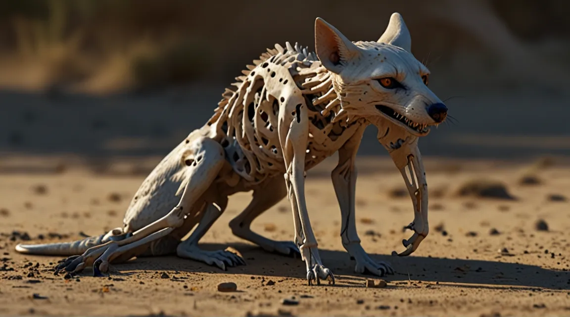 a jackal skeleton sitting on top of a dirt field 3d videos