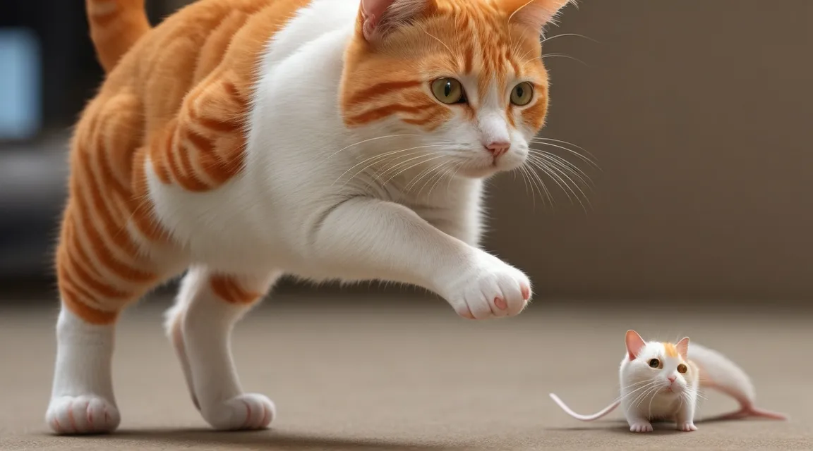 a cat chasing a mouse on the floor