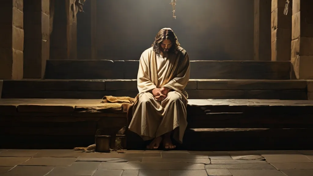 a man sitting on a stone bench in front of a cross