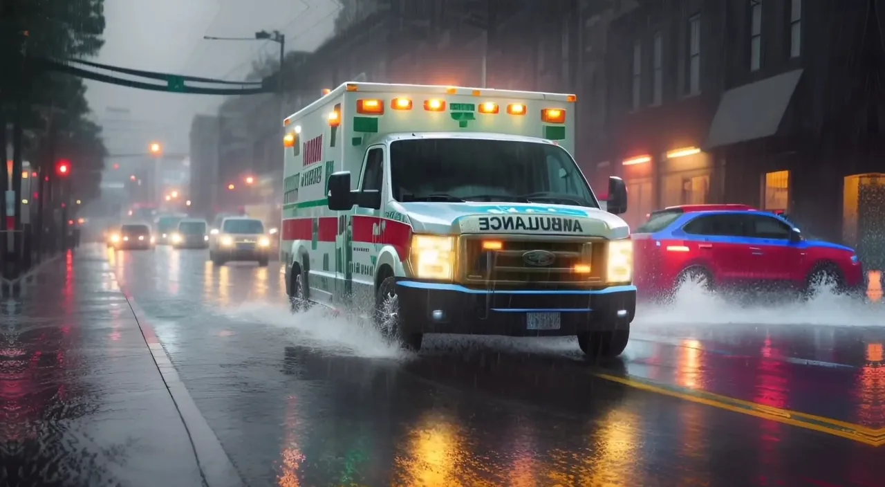 an ambulance is driving down the street in the rain