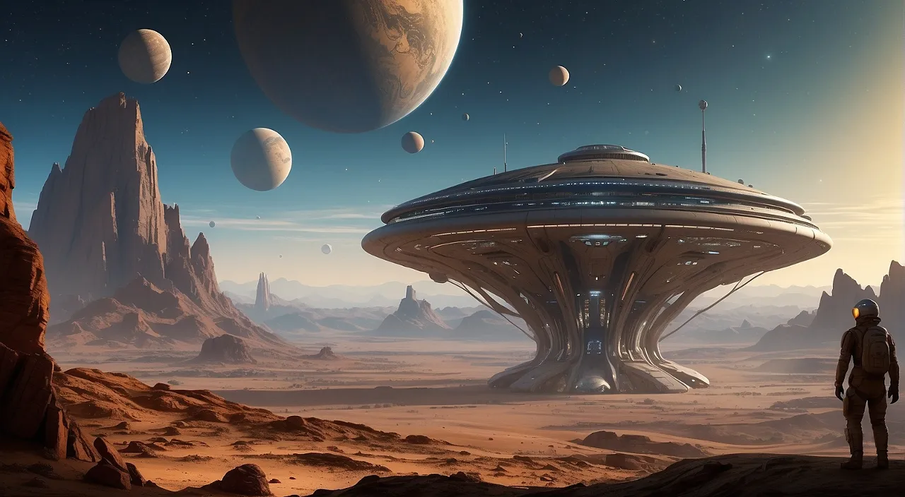 a man standing in front of a spaceship in a desert