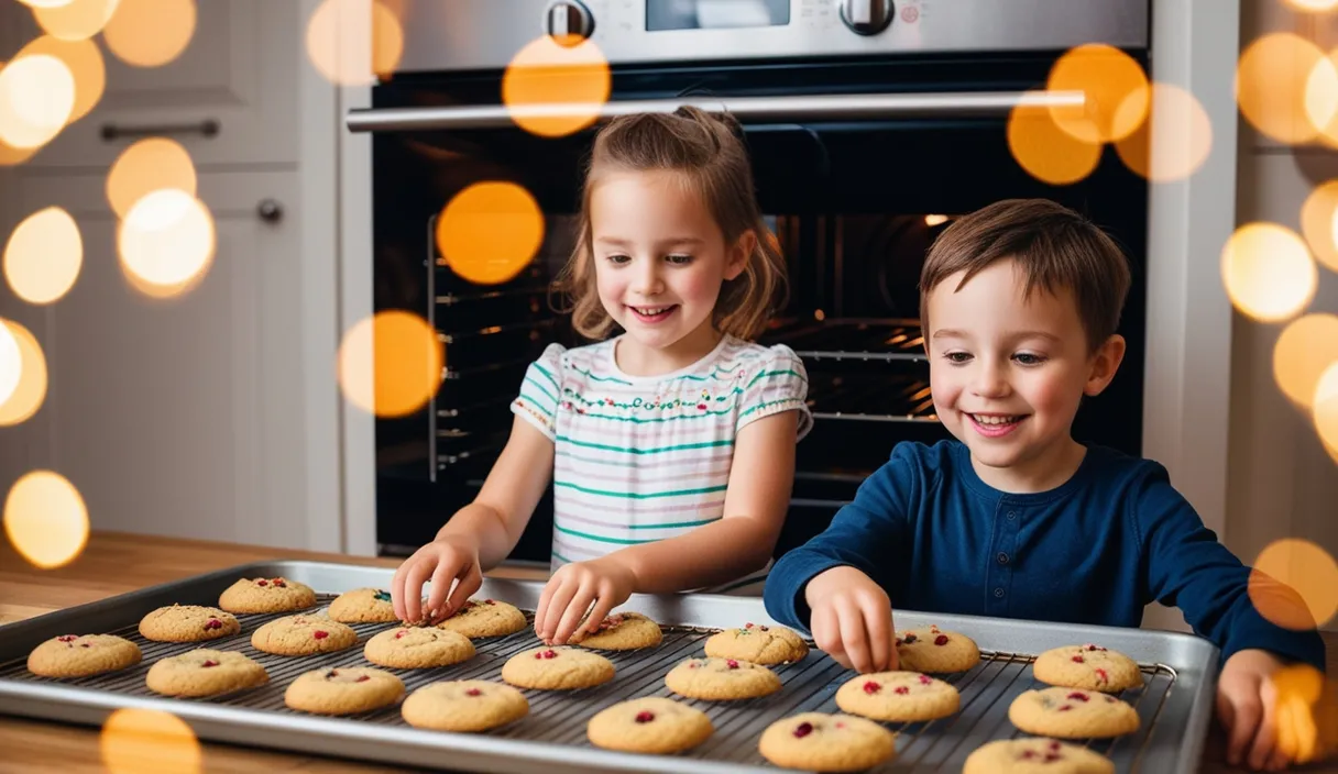 a couple of kids standing in front of a pan of cookies