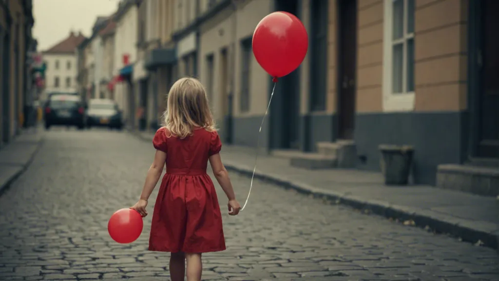 a little girl in a red dress walking down the street holding two red balloons