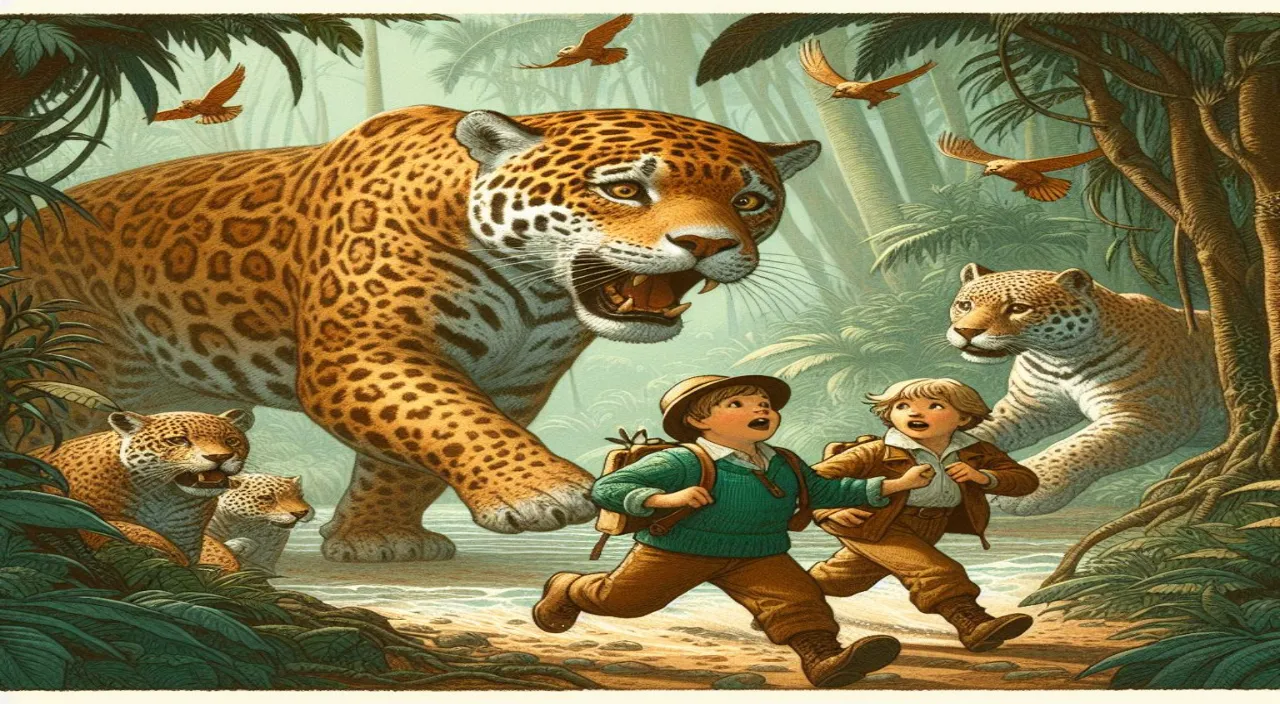 a painting of a boy and a boy chasing a tiger