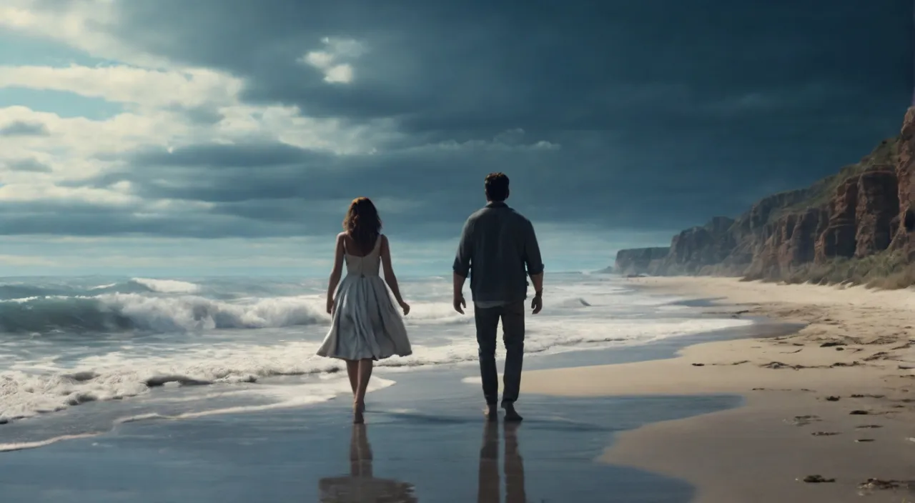 a man and a woman walking on the beach