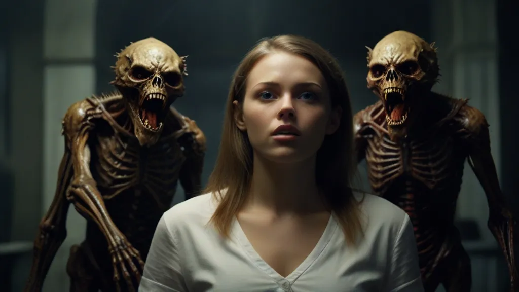 a woman standing in front of three creepy aliens