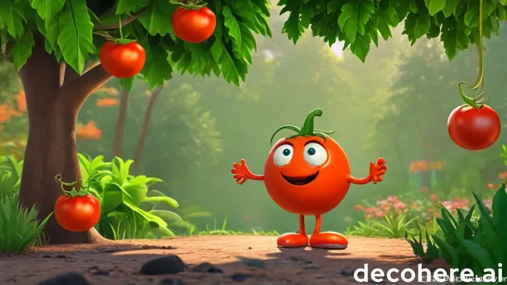 a cartoon tomato standing in the middle of a forest