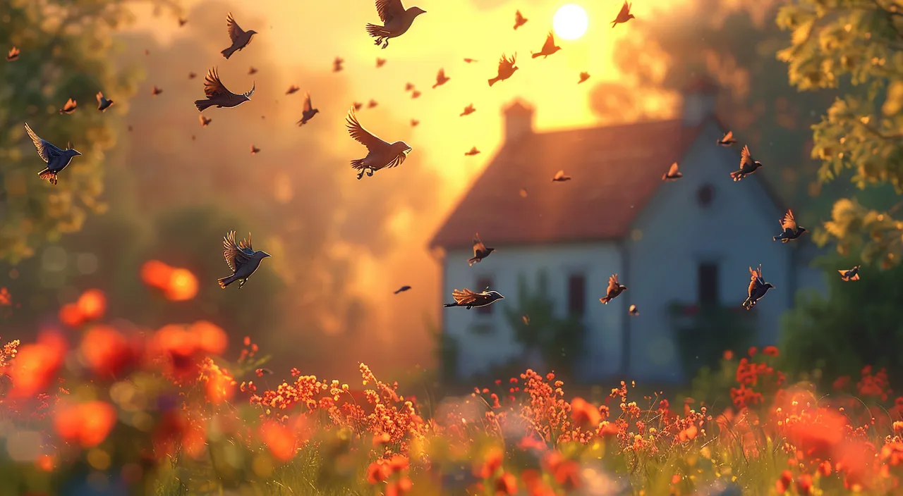 a flock of birds flying over a field of flowers