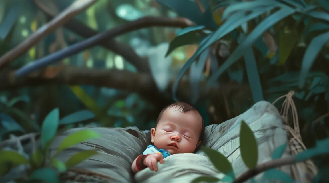 a baby is sleeping in a hammock in the woods