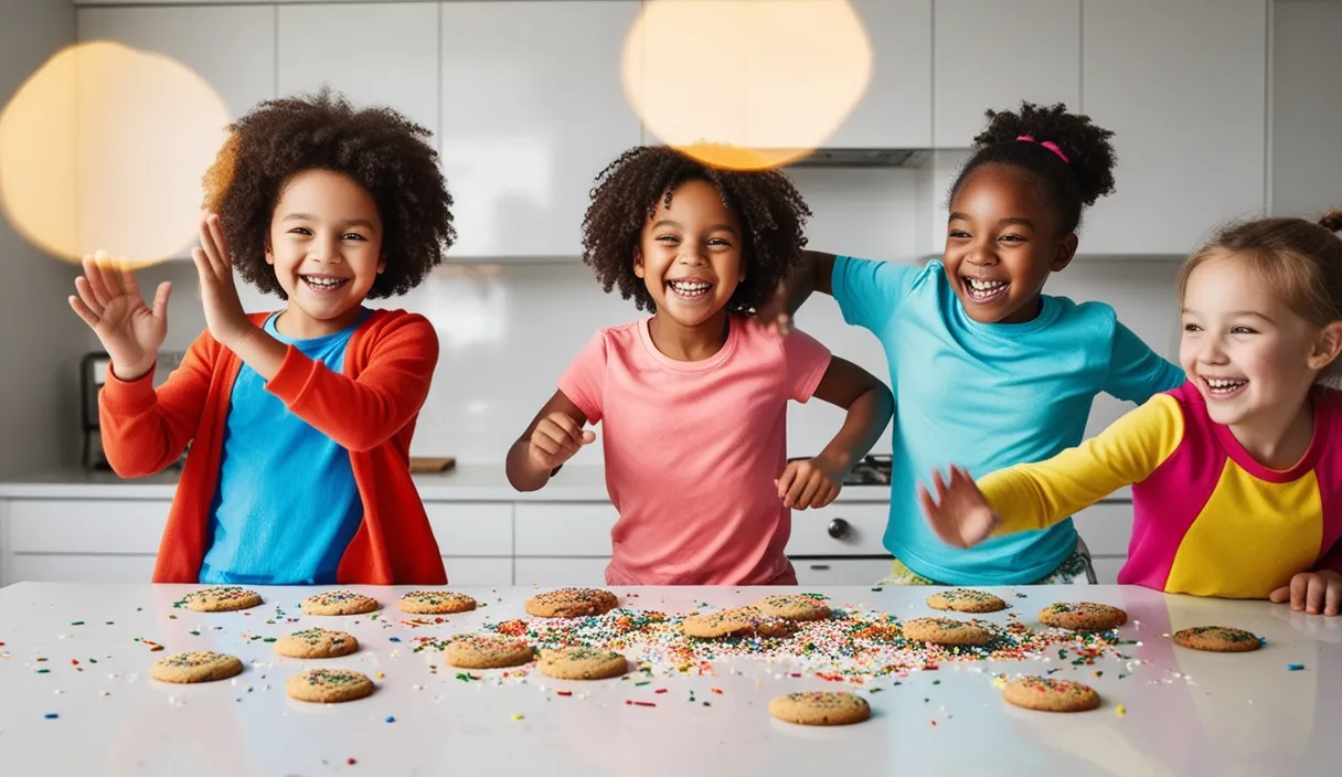 a group of children standing in front of a table full of cookies