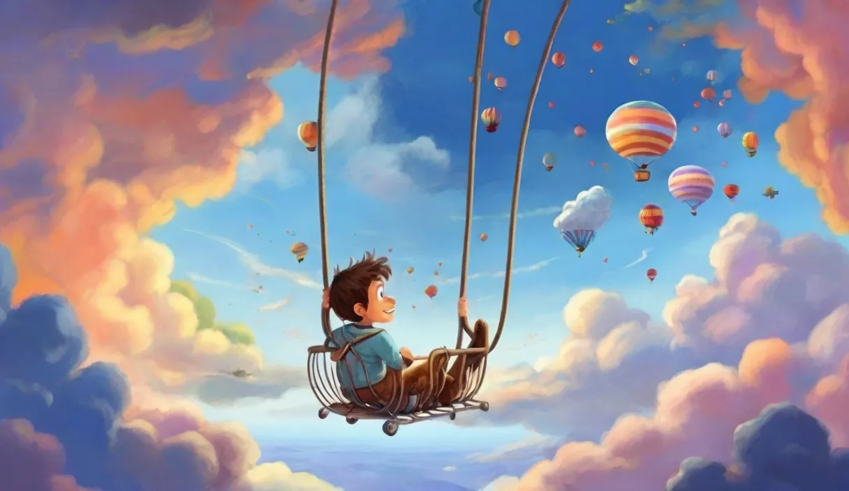 a boy is sitting on a swing in the sky.cartoon